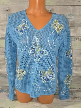 TimberLea Light Blue Knit Crocher Butterfly Sweater Sz Medium